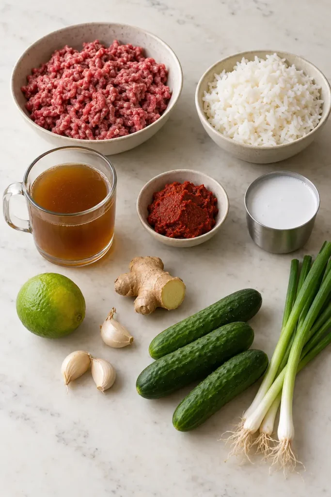 Main ingredients for beef broth bowls with ground beef, jasmine rice, coconut milk, beef broth, red curry paste, lime, garlic, ginger, Persian cucumbers, and green onions