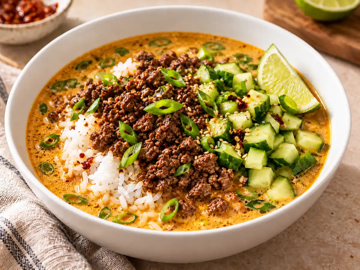 Beef broth bowl with browned ground beef, jasmine rice, coconut curry broth, cucumber, green onions, sesame seeds, and lime