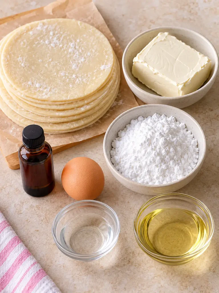 Empanada dough discs, cream cheese, powdered sugar, egg, cake batter flavoring, water, and oil arranged on a countertop