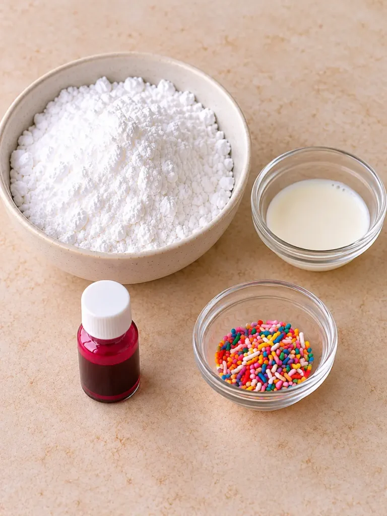 Powdered sugar, heavy cream, pink food coloring, and rainbow sprinkles arranged on a beige countertop