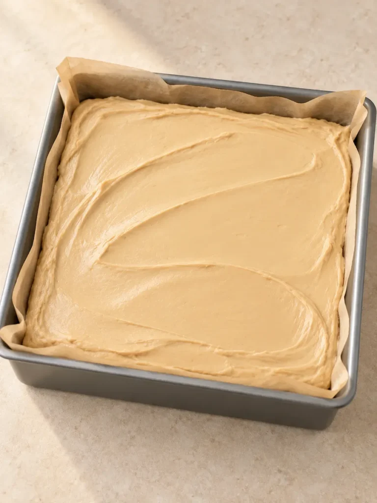 Smooth Biscoff cheesecake filling spread in a parchment-lined square baking pan