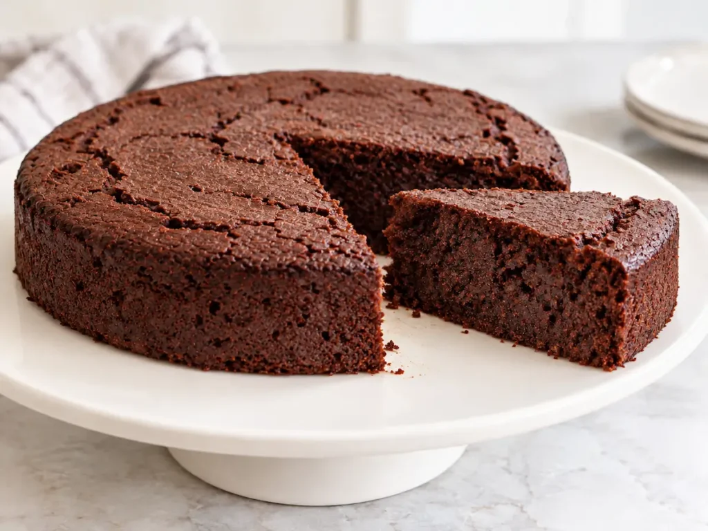 Round black bean chocolate cake with a slice cut out, showing its dense chocolate crumb