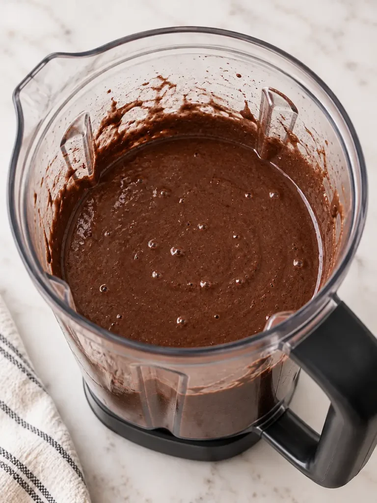 Smooth dark chocolate cake batter inside a blender pitcher, with small air bubbles on the surface.