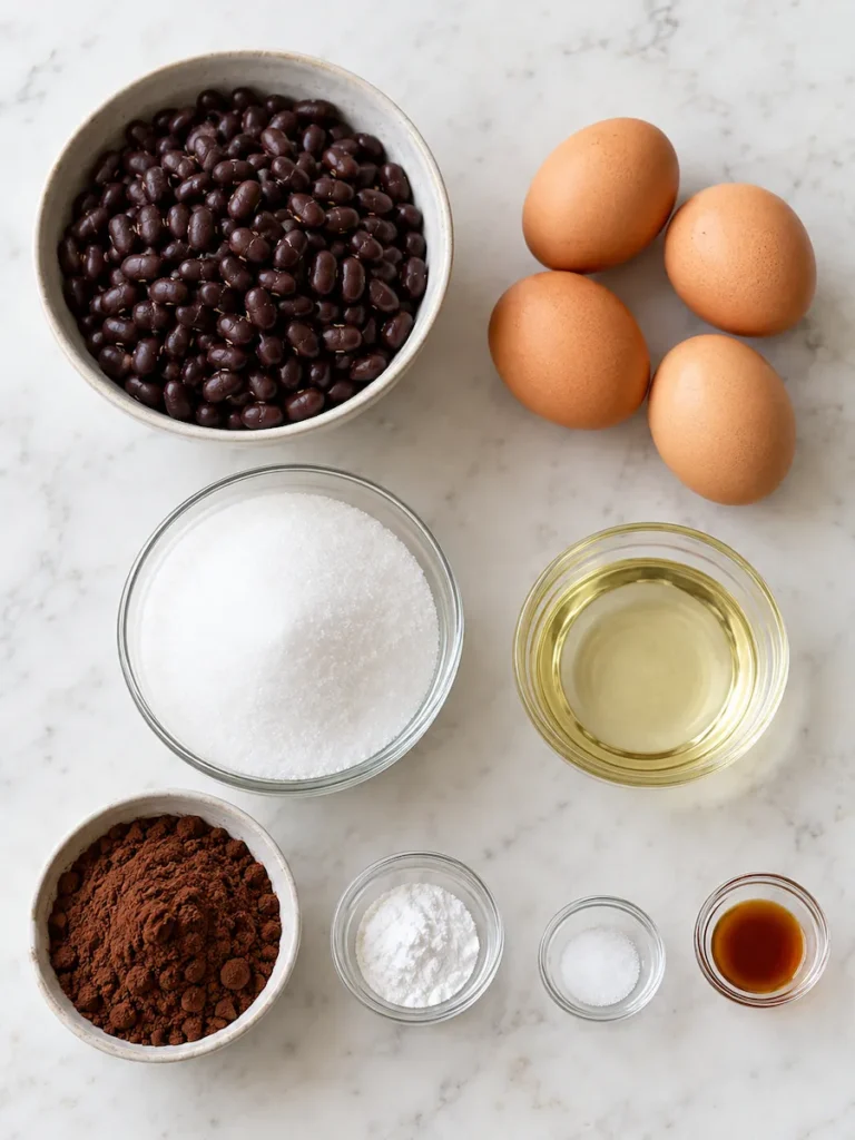 Black beans, four eggs, sugar, oil, cocoa powder, baking powder, salt, and vanilla flavoring arranged on a marble counter.