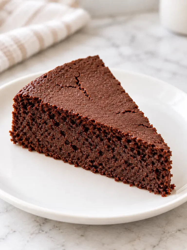 Single slice of black bean chocolate cake on a white plate, showing a dense, moist chocolate crumb.