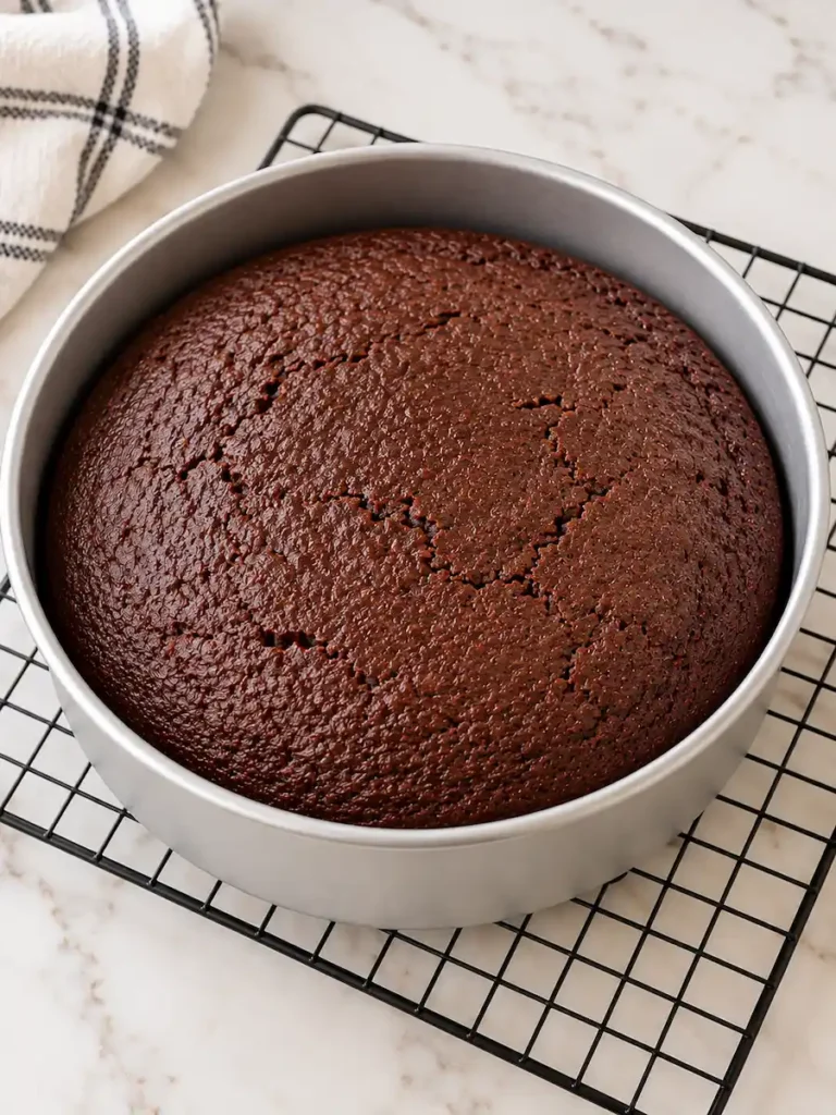 Single-layer chocolate cake with a cracked top in a round metal pan on a cooling rack.