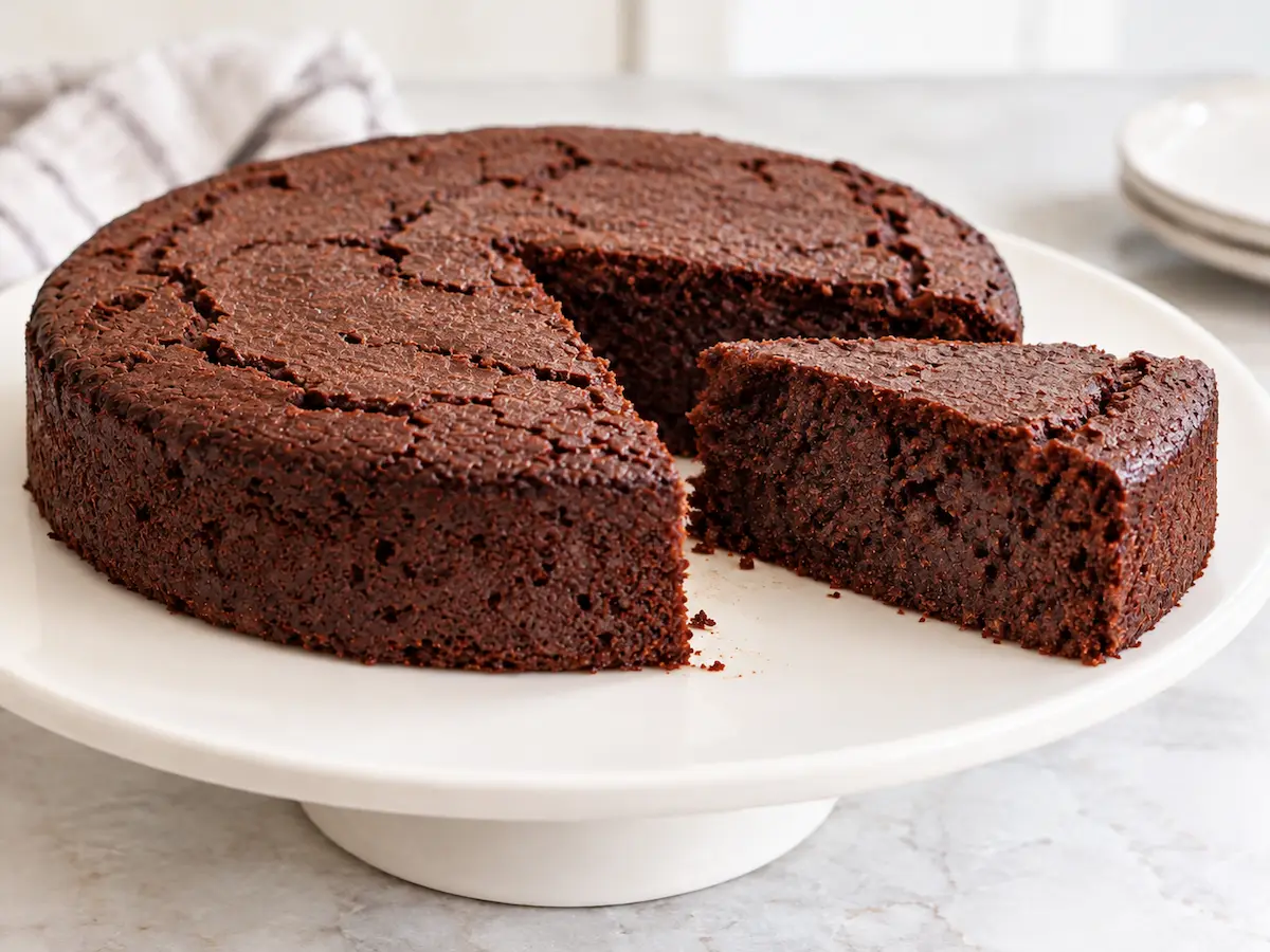 Round black bean chocolate cake with a slice cut out, showing its dense chocolate crumb