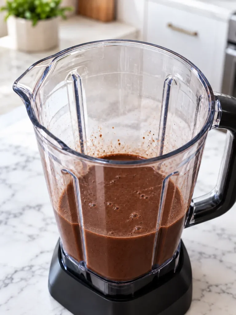 Smooth chocolate Frappuccino base blended without ice in a clear blender pitcher
