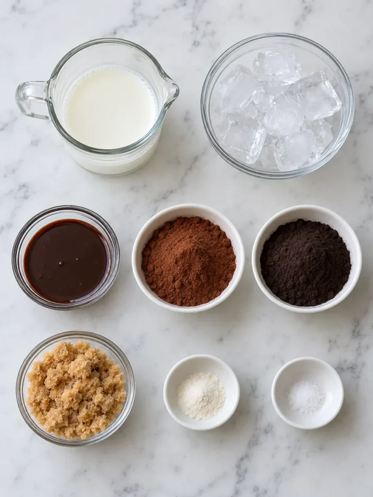 Milk, ice cubes, chocolate syrup, cocoa powders, brown sugar, xanthan gum, and salt arranged on a marble countertop