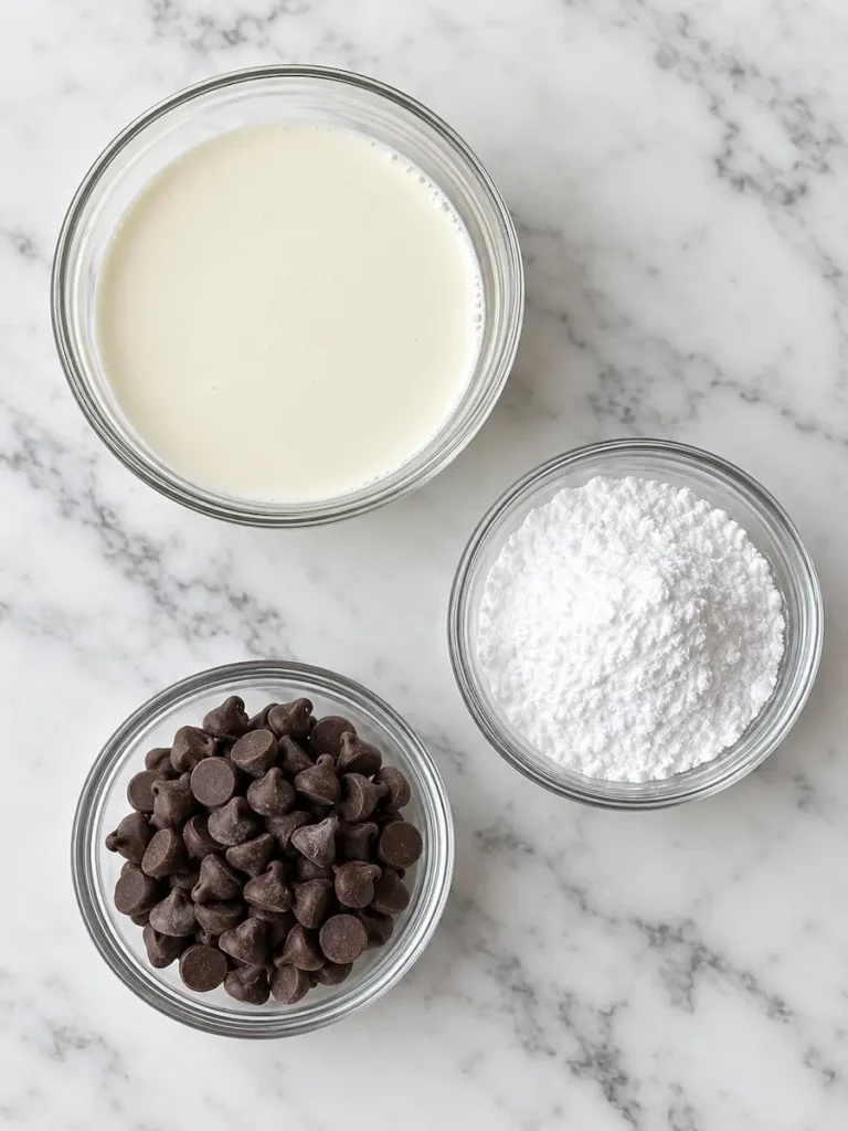 Heavy whipping cream, powdered sugar, and semisweet chocolate chips in glass bowls on a marble countertop