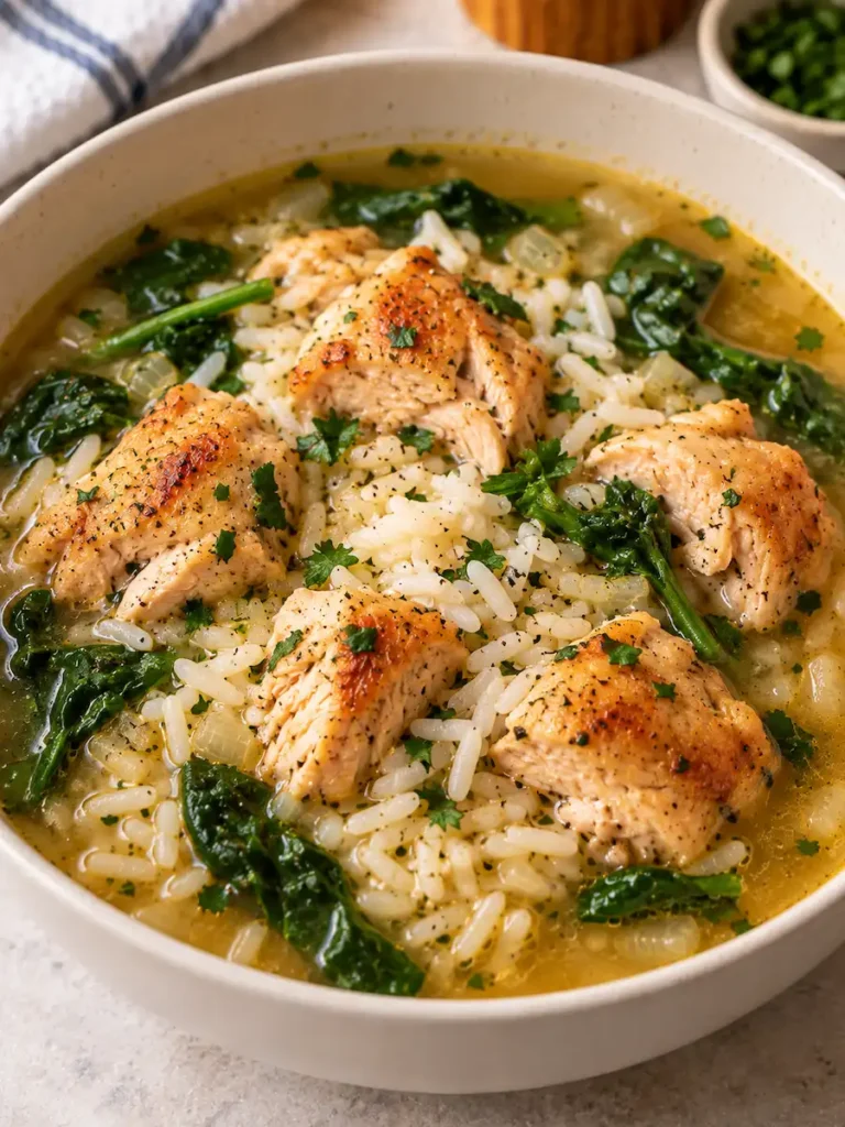 Close-up of brothy chicken and rice with golden chicken pieces, jasmine rice, wilted spinach, and parsley in a white bowl.