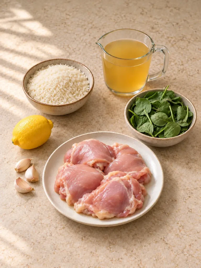 Raw chicken thighs, uncooked jasmine rice, chicken broth, spinach, garlic cloves, and a whole lemon arranged on a countertop.
