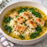 Brothy chicken and rice with golden chicken pieces, jasmine rice, spinach, and parsley in a bowl of clear broth.