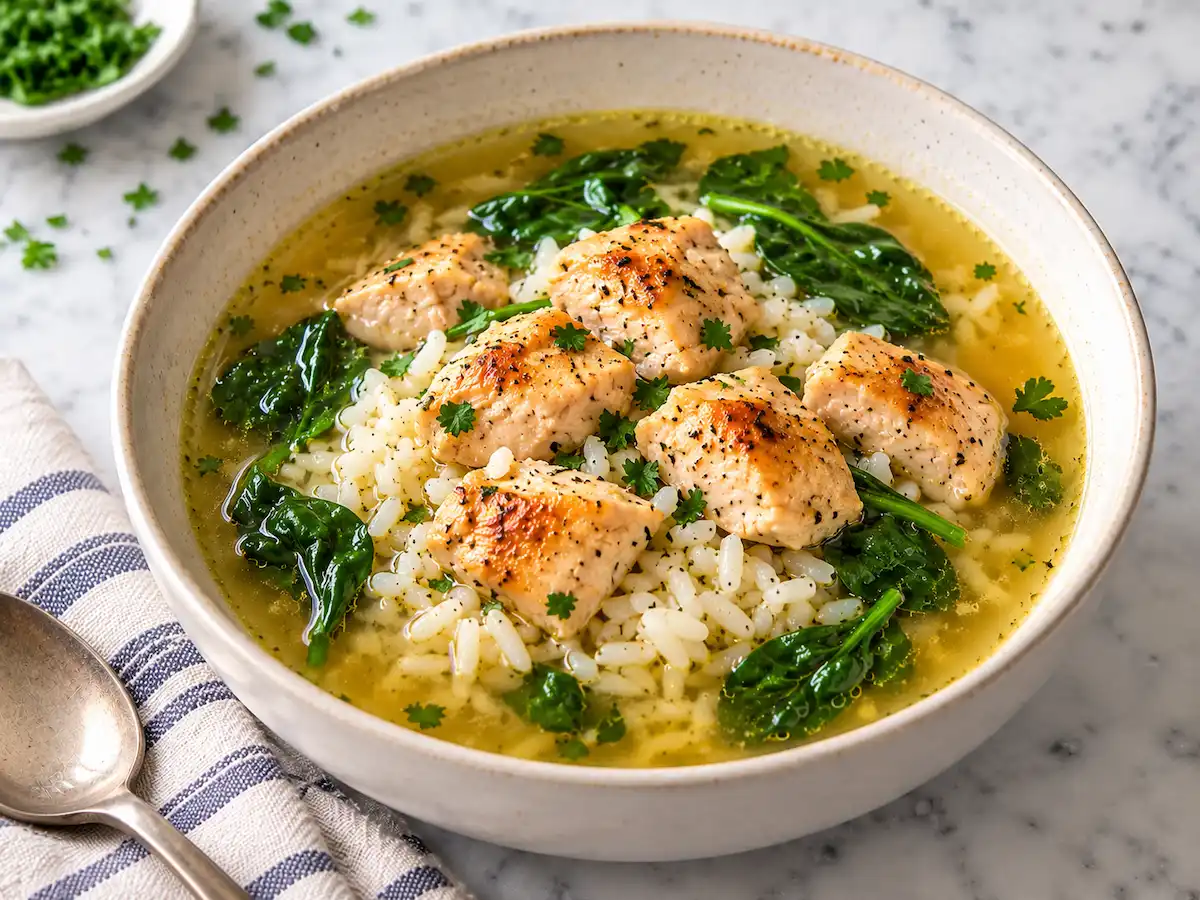 Brothy chicken and rice with golden chicken pieces, jasmine rice, spinach, and parsley in a bowl of clear broth.