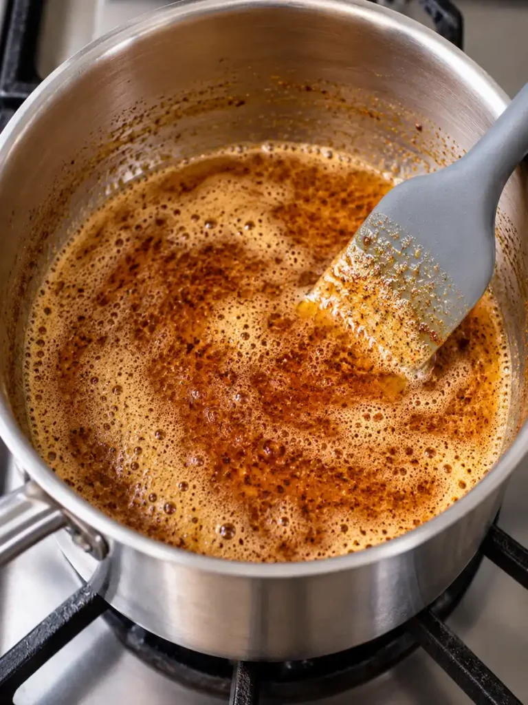 Golden-brown butter bubbling in a stainless steel saucepan with toasted milk solids and a silicone spatula.