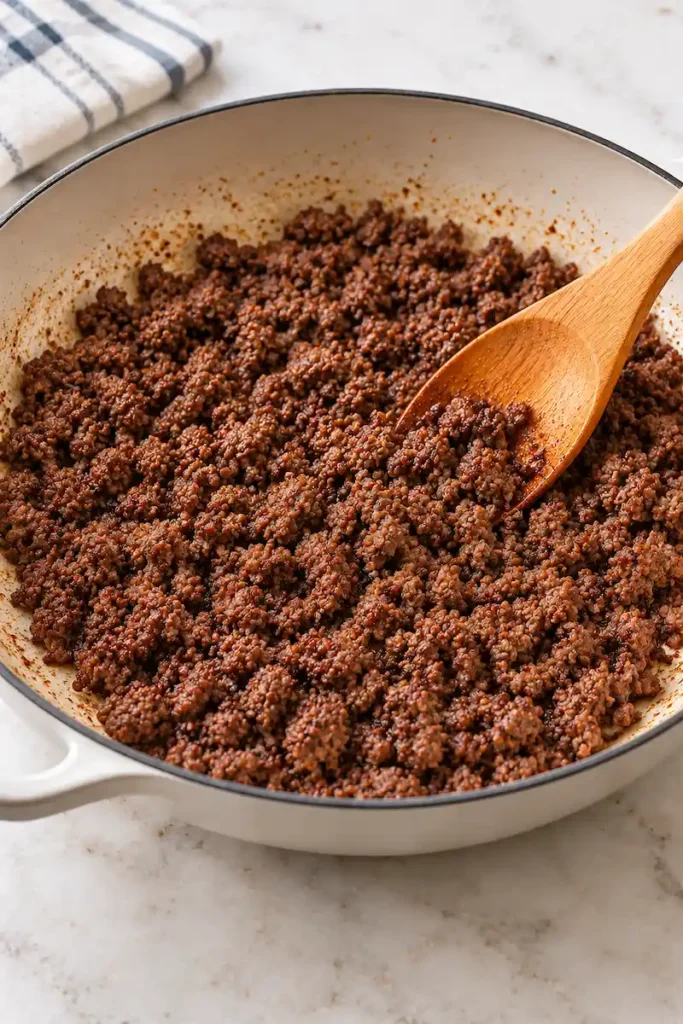 Browned ground beef cooking in a skillet for beef broth bowls
