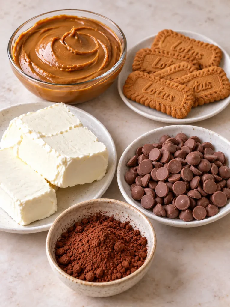Biscoff cookie butter, Lotus cookies, cream cheese, milk chocolate callets, and cocoa powder arranged on a countertop