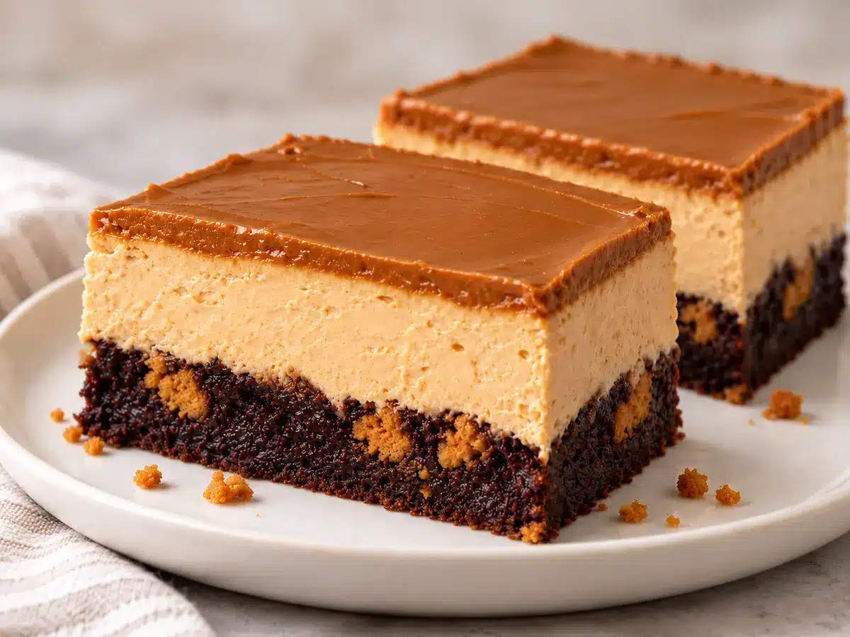 Two slices of brownie bottom Biscoff cheesecake with creamy filling and smooth cookie butter topping on a white plate