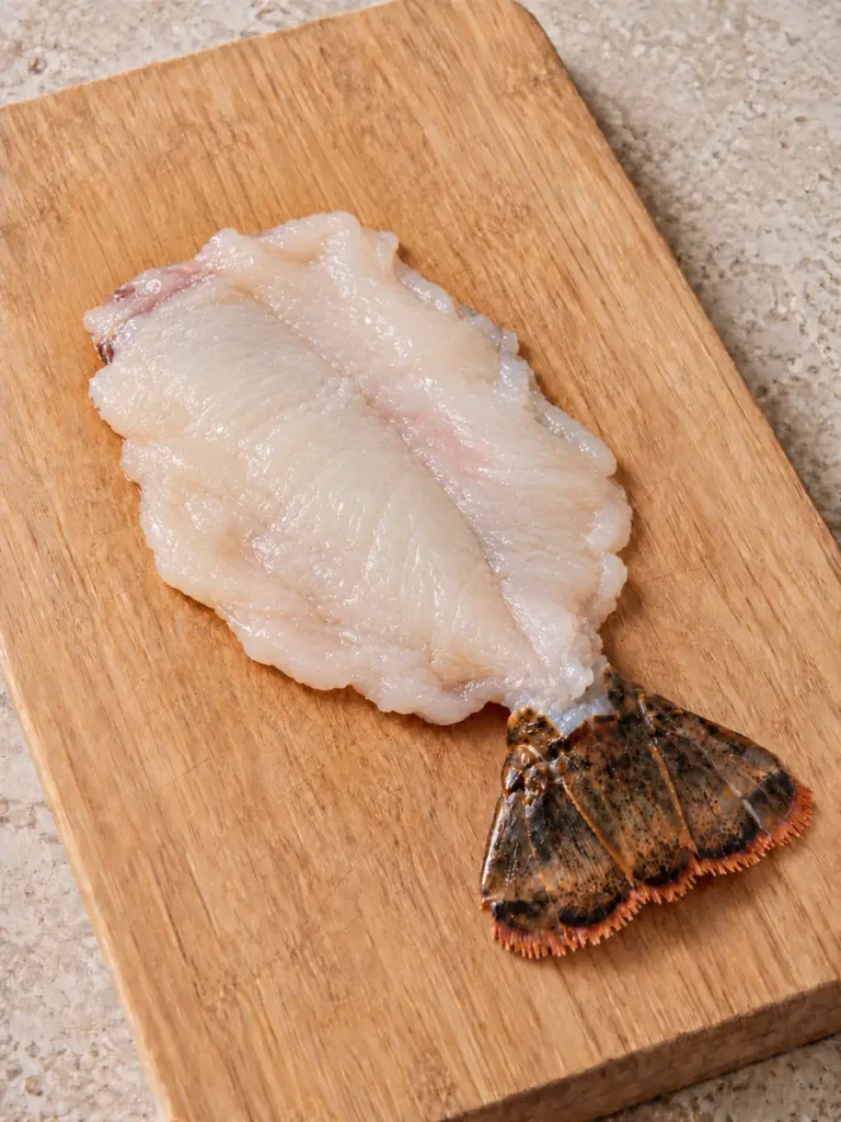 Raw lobster tail meat butterflied and flattened on a wooden cutting board with the tail fin attached