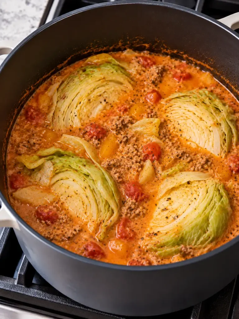 Four tender cabbage wedges simmering with ground turkey and tomatoes in a creamy orange broth.