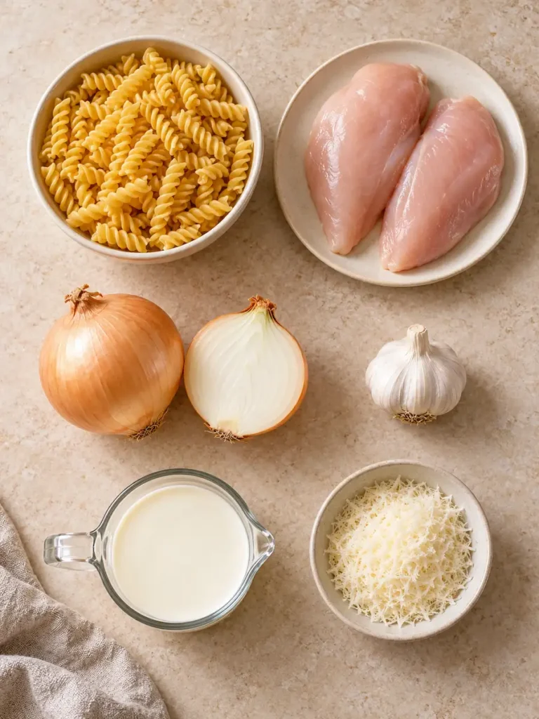 Main ingredients for caramelized onion chicken pasta, including fusilli, chicken breasts, yellow onions, garlic, heavy cream, and Parmesan.