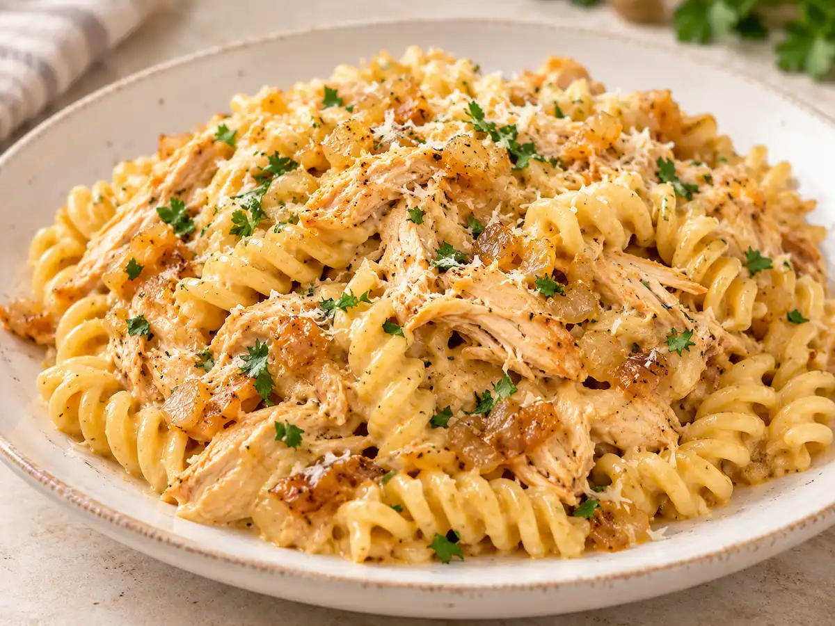 Creamy caramelized onion chicken pasta with fusilli, shredded chicken, Parmesan, and parsley served on a white plate.