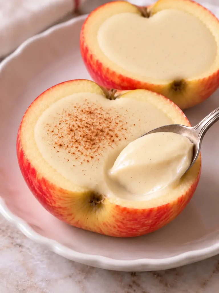 Softly set chai apple posset being lifted with a spoon from a Honeycrisp apple half