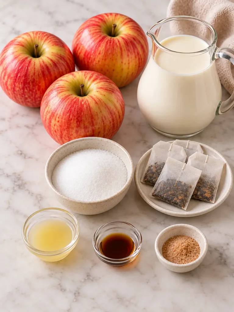 Ingredients for chai apple possets with Honeycrisp apples, heavy cream, sugar, chai tea bags, lemon juice, vanilla, and cinnamon sugar