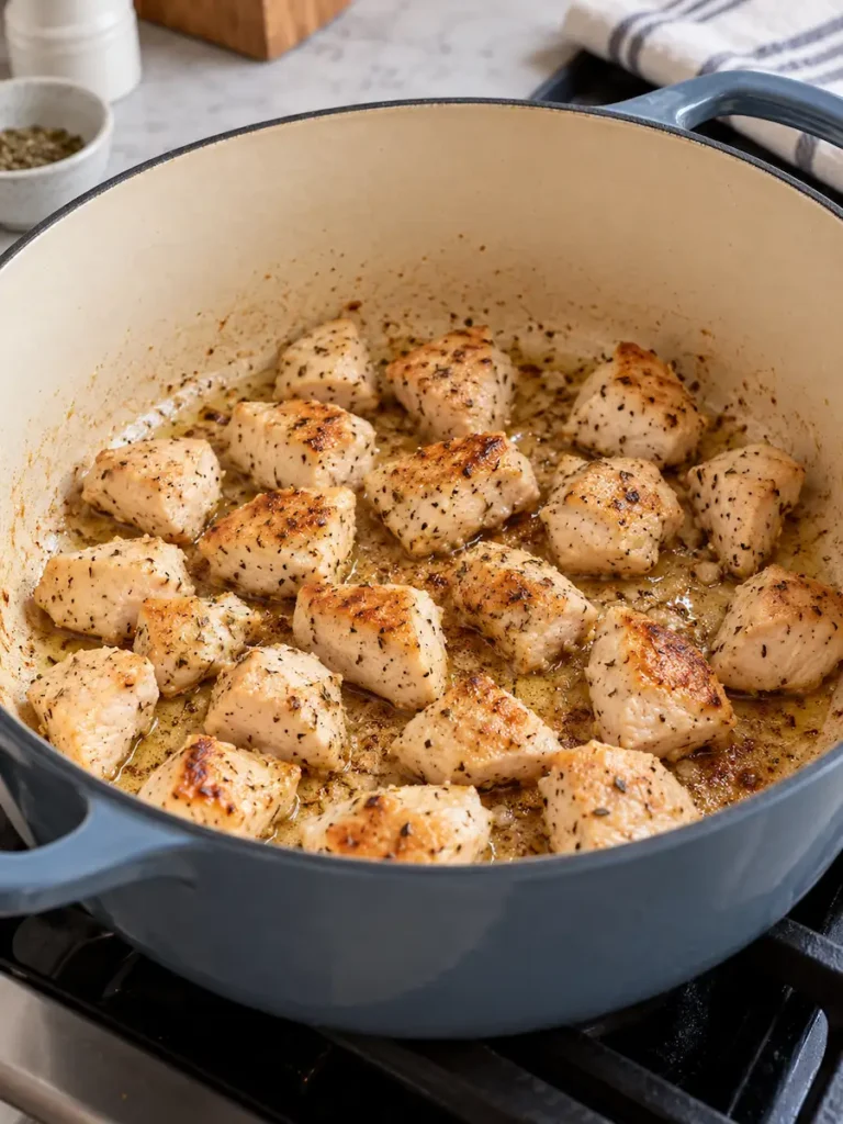 Diced chicken breast pieces browning with seasonings in a Dutch oven for chicken pot pie pastina.