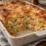 Pot pie lasagna with creamy chicken filling layered between puff pastry sheets and a golden pastry top