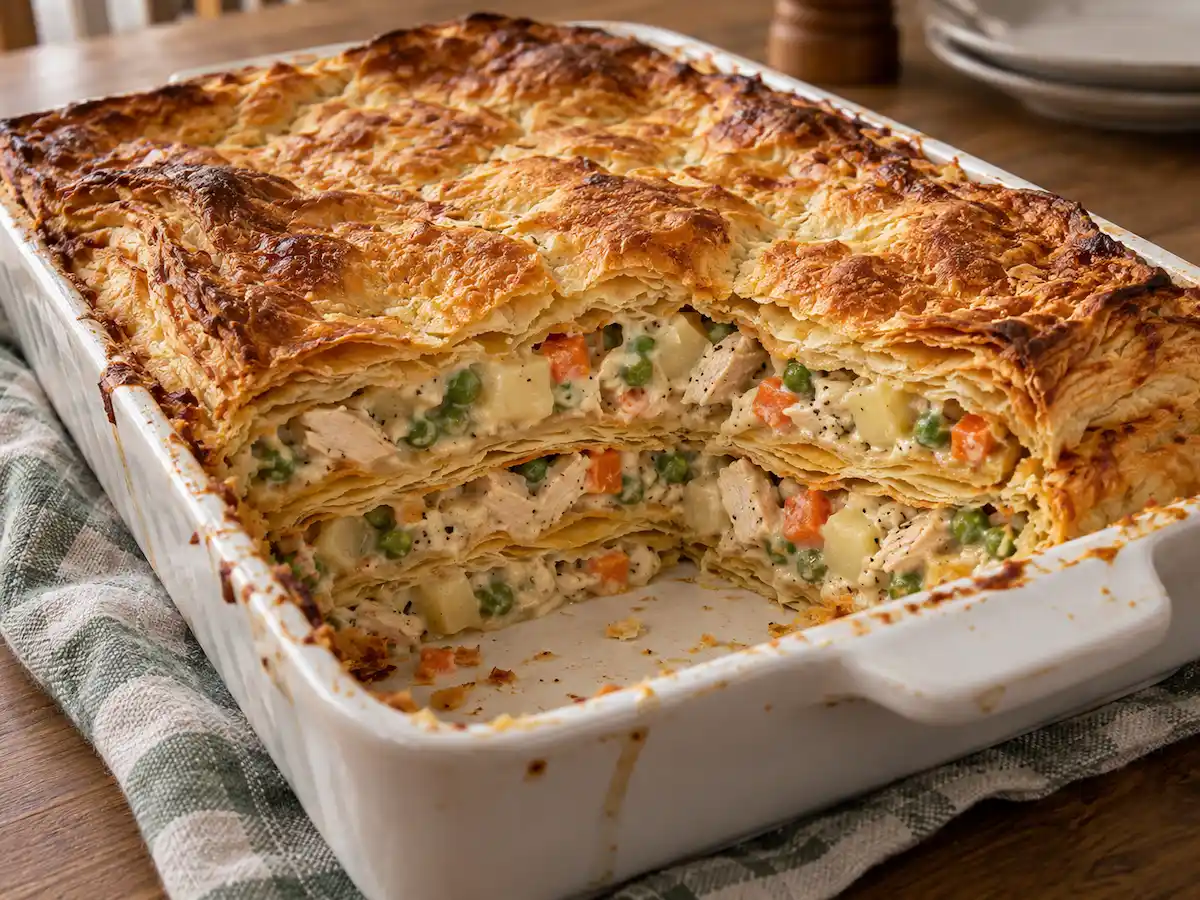 Pot pie lasagna with creamy chicken filling layered between puff pastry sheets and a golden pastry top