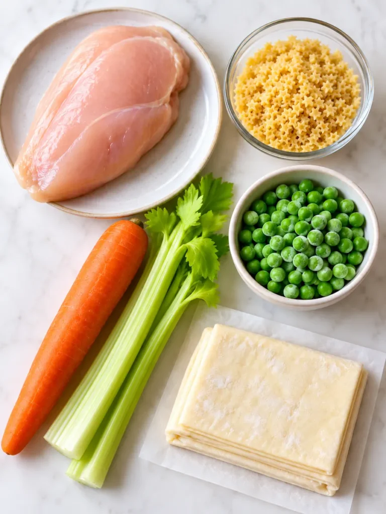 Raw chicken breast, dry stelline pasta, carrot, celery, peas, and puff pastry arranged on a light countertop.