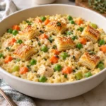 Creamy chicken pot pie pastina with diced chicken, carrots, peas, and golden mini puff pastry croutons in a white bowl.