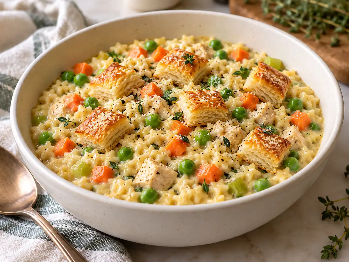 Creamy chicken pot pie pastina with diced chicken, carrots, peas, and golden mini puff pastry croutons in a white bowl.