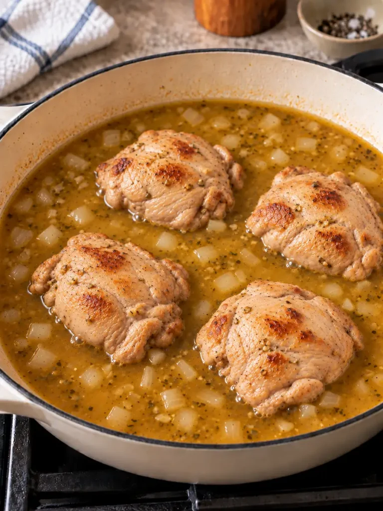 Four browned chicken thighs gently simmering in golden broth with diced onions in a cream-colored skillet.