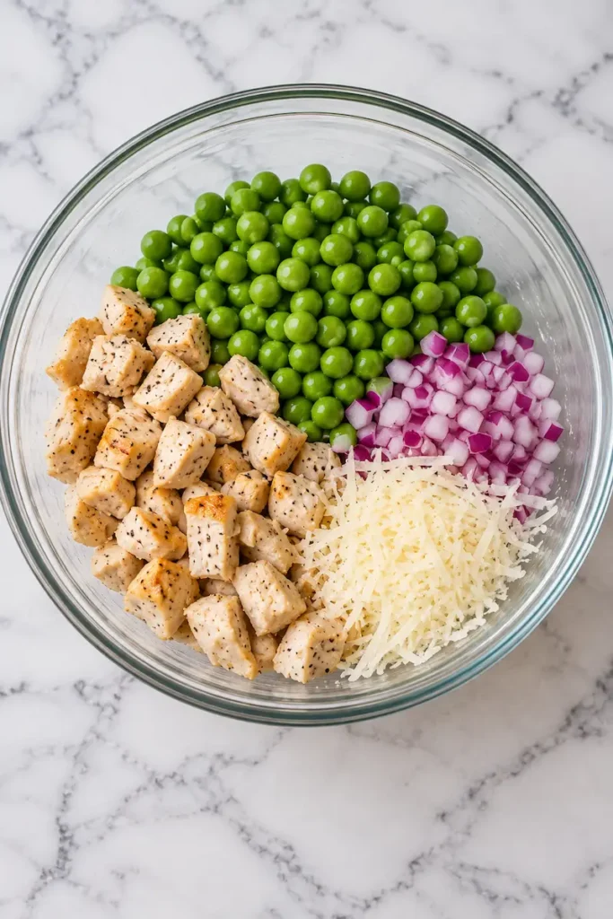 Cooked chicken, green peas, red onion, and Parmesan in a glass bowl before adding avocado