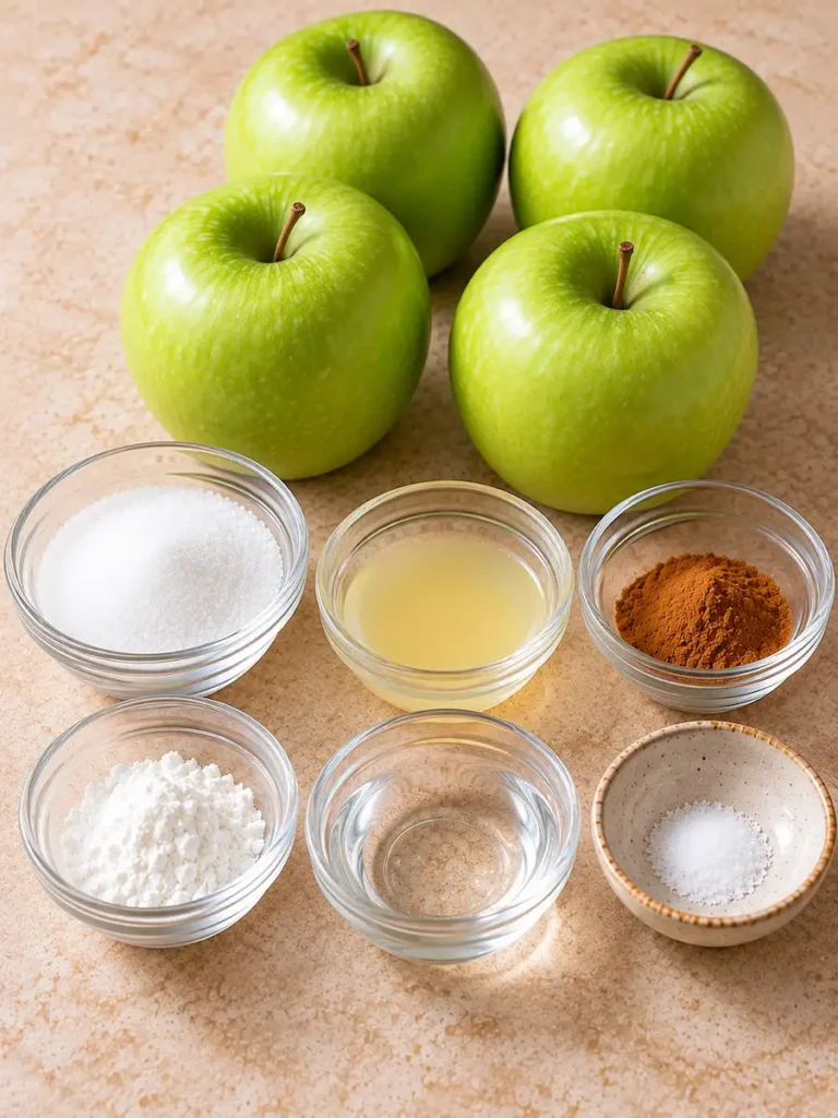 Four Granny Smith apples with sugar, lemon juice, cinnamon, cornstarch, water, and salt.