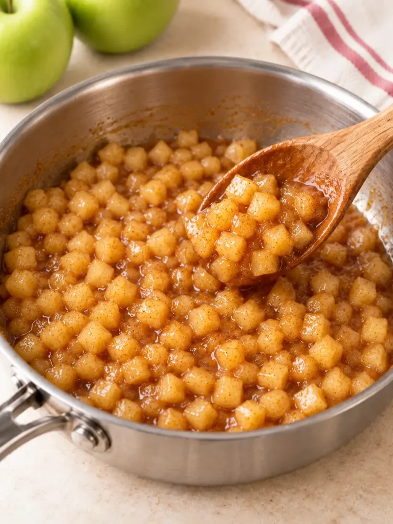 Small diced Granny Smith apples coated in cinnamon sauce in a saucepan with a wooden spoon.