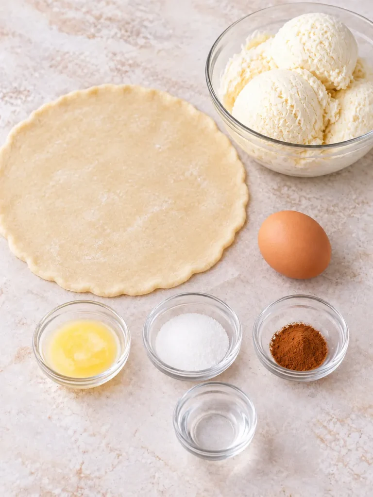 Unbaked round pie crust with vanilla ice cream, an egg, melted butter, sugar, cinnamon, and water.