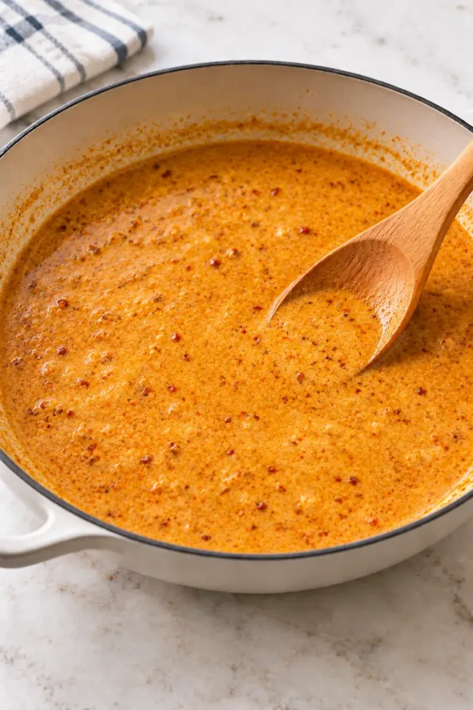 Creamy coconut curry broth simmering in a skillet for beef broth bowls