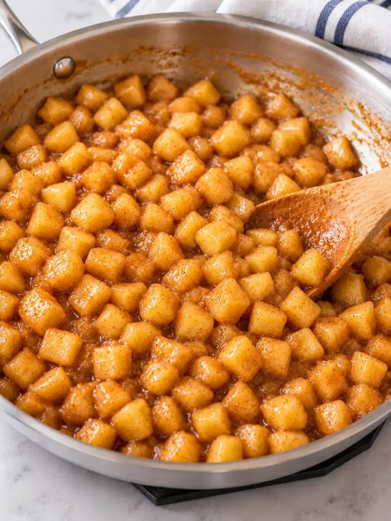 Diced Granny Smith apples coated in a thick cinnamon-maple filling in a skillet