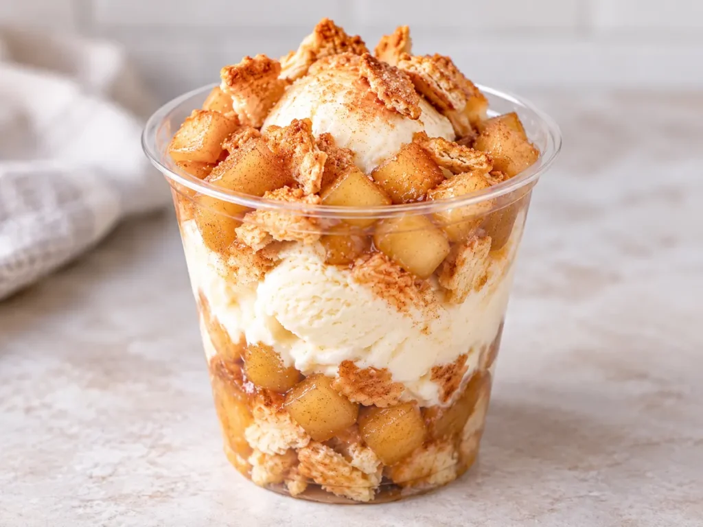 Homemade apple pie sundae in a clear cup with vanilla ice cream, cinnamon apples, and crispy pie crust pieces.