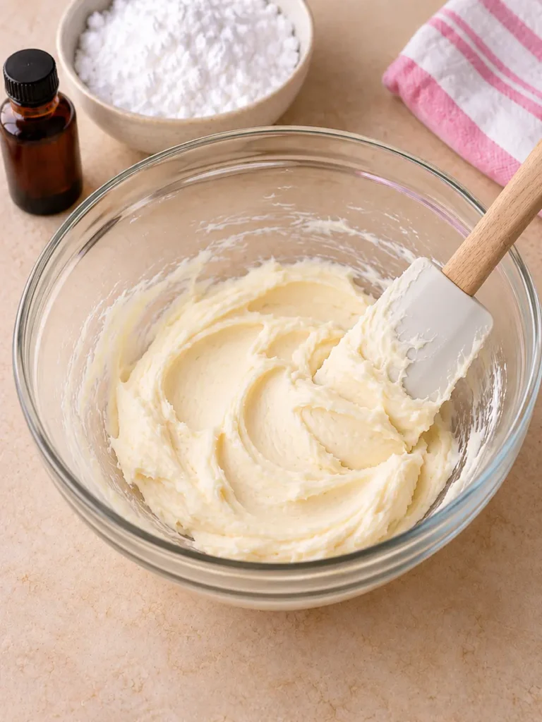 Thick cream cheese filling in a glass bowl with a silicone spatula