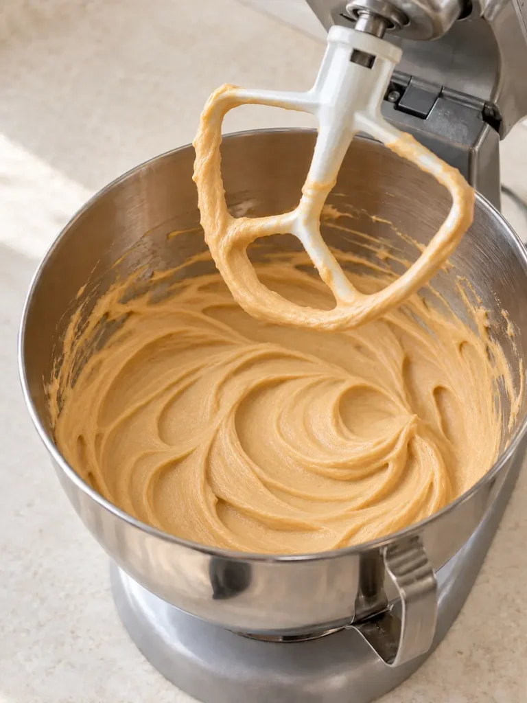 Creamy brown butter, sugar, egg, and vanilla mixture in a stand mixer with a raised paddle attachment.