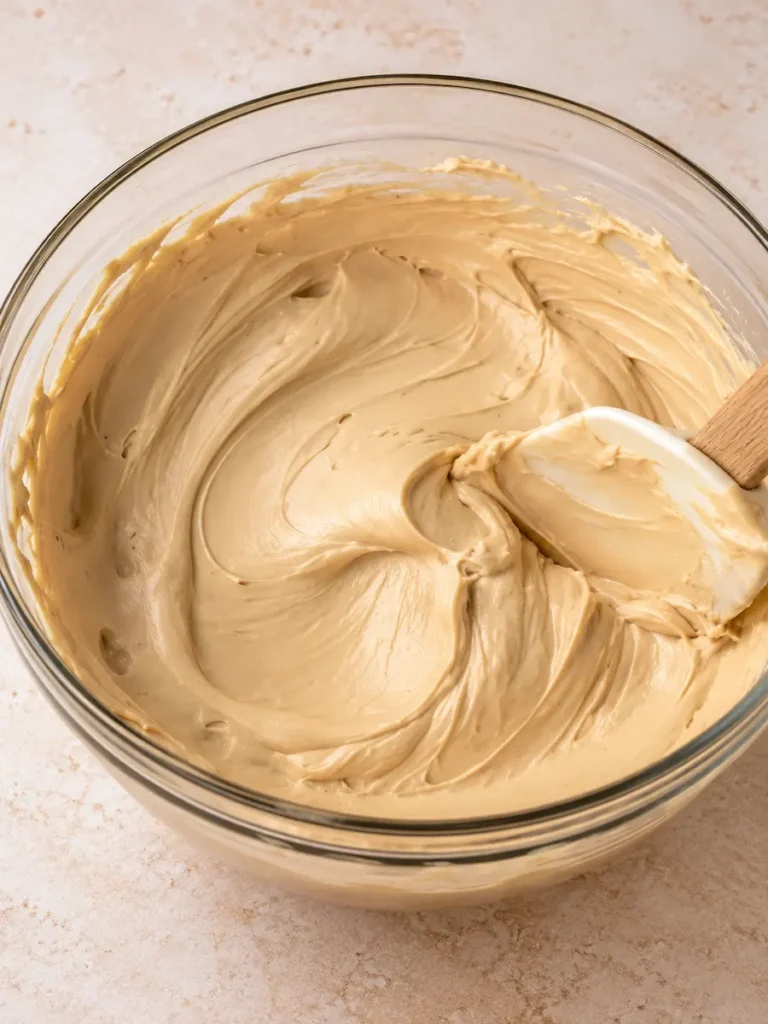 Smooth Biscoff cheesecake filling in a glass mixing bowl with a spatula