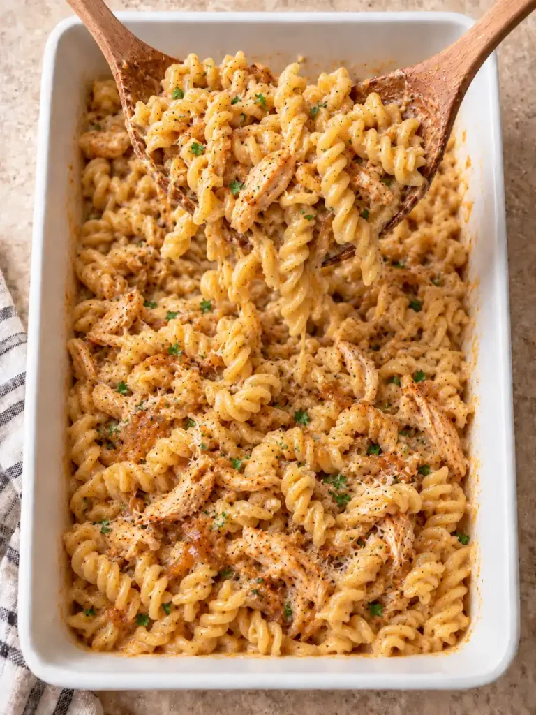 Creamy fusilli pasta with shredded chicken, caramelized onions, and Parmesan, lifted with a wooden serving spoon.