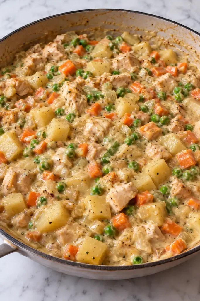 Thick creamy chicken filling with potato, peas, carrots, and onion in a skillet