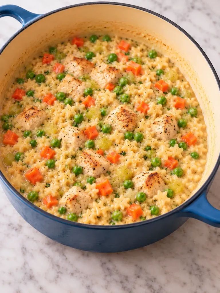 Creamy star-shaped pastina with browned chicken pieces, carrots, celery, and green peas in a blue Dutch oven.
