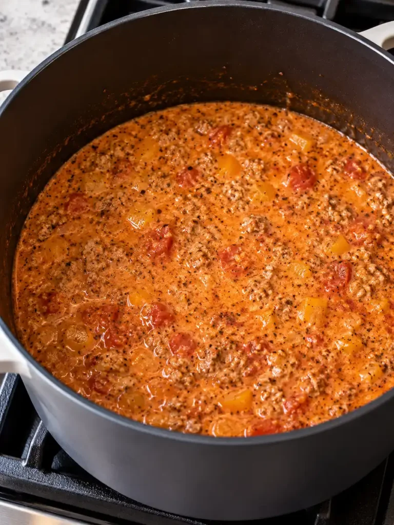 Cooked ground turkey, tomatoes, and diced orange bell peppers in a creamy tomato broth inside a dark pot.