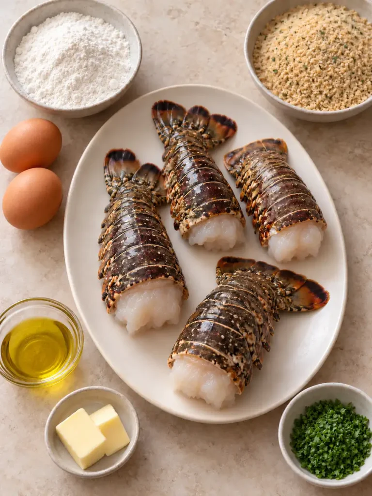 Four raw lobster tails with flour, eggs, seasoned breadcrumbs, parsley, olive oil, and butter